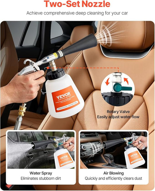 VEVOR Car Cleaning Gun, 6-9.2 Bar High-Pressure Air Blow Gun with 2 Set Nozzles & 1L Liquid Bottle, Vortex Cleaning Gun, Quickly Blasts Dirt and Dust from Surface, Suitable for 1/4 NPT Air Compressor