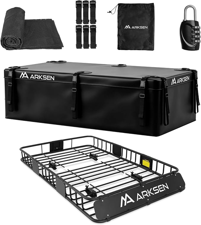 ARKSEN 64" x 39" x 6" Roof Rack Basket with Extension & Waterproof Cargo Bag, 150 lb Heavy-Duty Steel Cargo Carrier, Fits Crossbars up to 1.38" Thick, for SUV & Pickup Truck