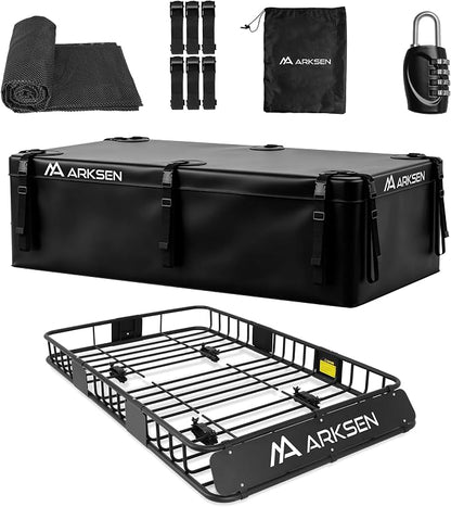 ARKSEN 64" x 39" x 6" Roof Rack Basket with Extension & Waterproof Cargo Bag, 150 lb Heavy-Duty Steel Cargo Carrier, Fits Crossbars up to 1.38" Thick, for SUV & Pickup Truck