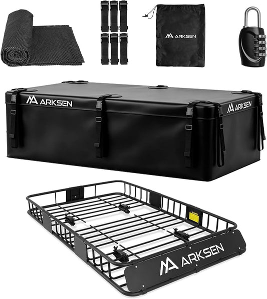 ARKSEN 64" x 39" x 6" Roof Rack Basket with Extension & Waterproof Cargo Bag, 150 lb Heavy-Duty Steel Cargo Carrier, Fits Crossbars up to 1.38" Thick, for SUV & Pickup Truck