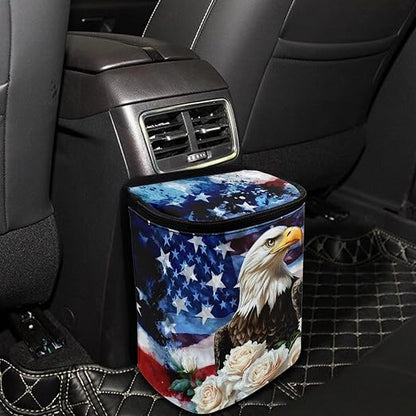 Talayituse Eagle Rose American Flag Print Car Trash Can Portable Auto Garbage Bin Paint Splatter Multifunctional Vehicle Interior Accessories with Adjustable Straps Universal Fit Truck SUV Sedan