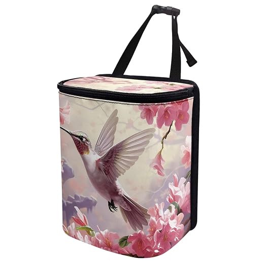 Talayituse Hummingbird Cherry Blossom Print Car Trash Can with Lid, Leak Proof Auto Trash Bag Hanging Vehicle Garbage Can Multipurpose Storage Container for Back Seat Road Trip