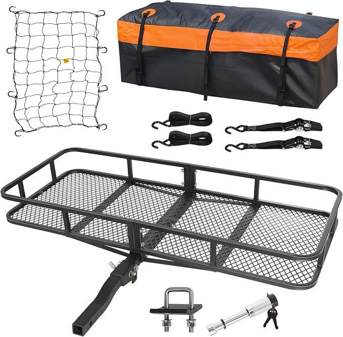 WEIZE Folding Hitch Mount Cargo Carrier Basket 60" x 20" x 6" with Waterproof Bag, Net, Strap, 2-Inch Folding Shank, 500 lbs Capacity Hitch Rack, Steel Construction