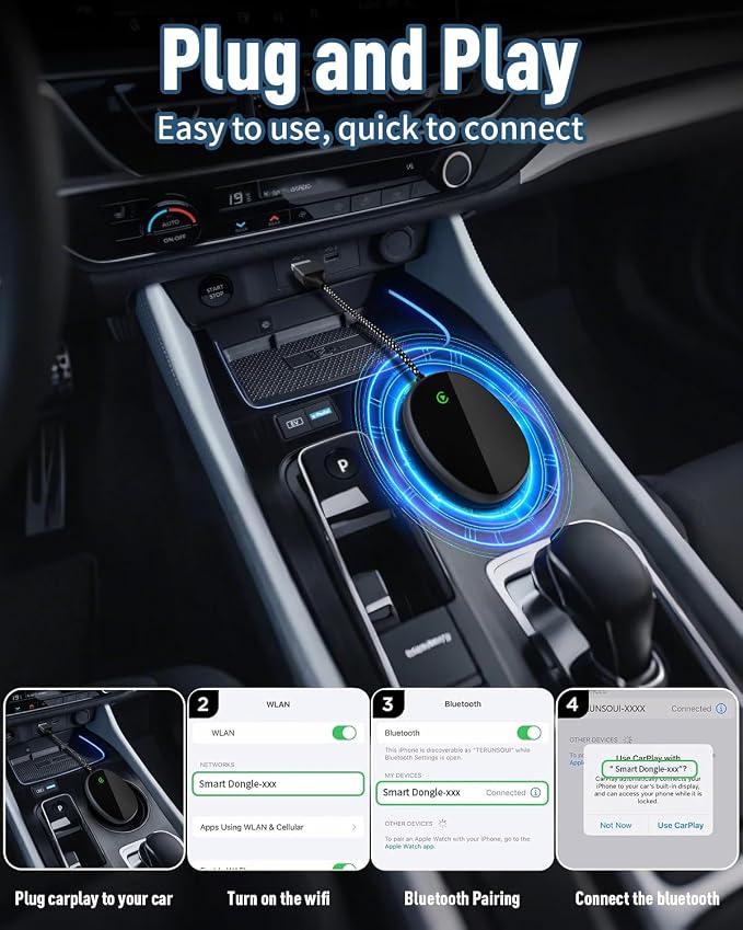Wireless CarPlay Adapter for Apple CarPlay, Converts Wired CarPlay to Wireless, Plug and Play, No Latency, Auto Connect Easy Setup Fit for Cars with Built-in CarPlay and iPhone iOS 10+ (Grey)