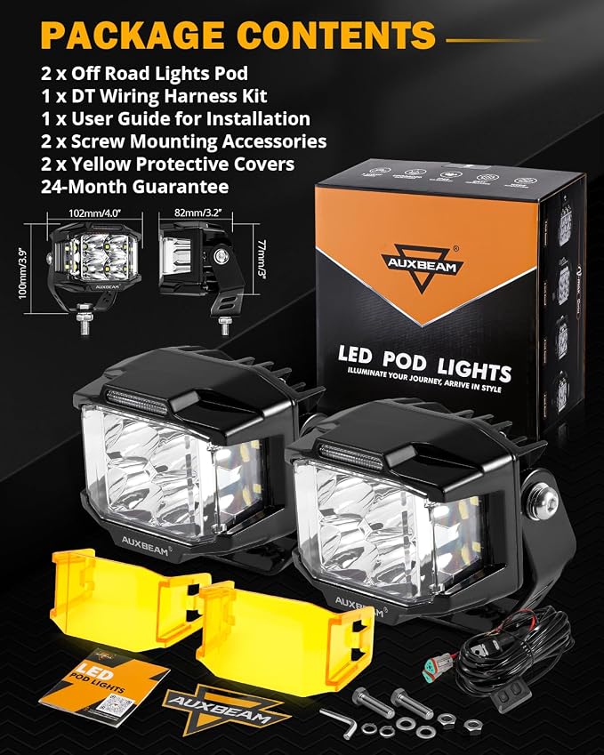 Auxbeam 4 Inch LED Pod Light, 92W V-MAX Series Square Offroad Driving with Amber DRL, 270° Spot Flood Combo Beam Side Shooter Cube Work Auxiliary Lights with Yellow Cover for Truck SUV ATV UTV