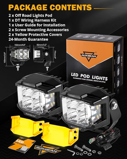 Auxbeam 4 Inch LED Pod Light, 92W V-MAX Series Square Offroad Driving with Amber DRL, 270° Spot Flood Combo Beam Side Shooter Cube Work Auxiliary Lights with Yellow Cover for Truck SUV ATV UTV