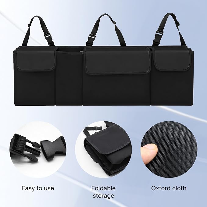 Car Trunk Organizer, Waterproof Backseat Hanging Large Storage with Adjustable Straps, Collapsible Cargo Bag with 4 Pockets, Car Interior Accessories for Truck, SUV, MPV (Black)