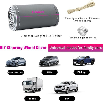 Ziciner Genuine Leather Steering Wheel Cover, Stitch on Wrap, Breathable Anti-Slip Car Steering Wheel Protector for Max Diameter 15 Inch, DIY Sewing with Needles Thread (Gray, Glossy)