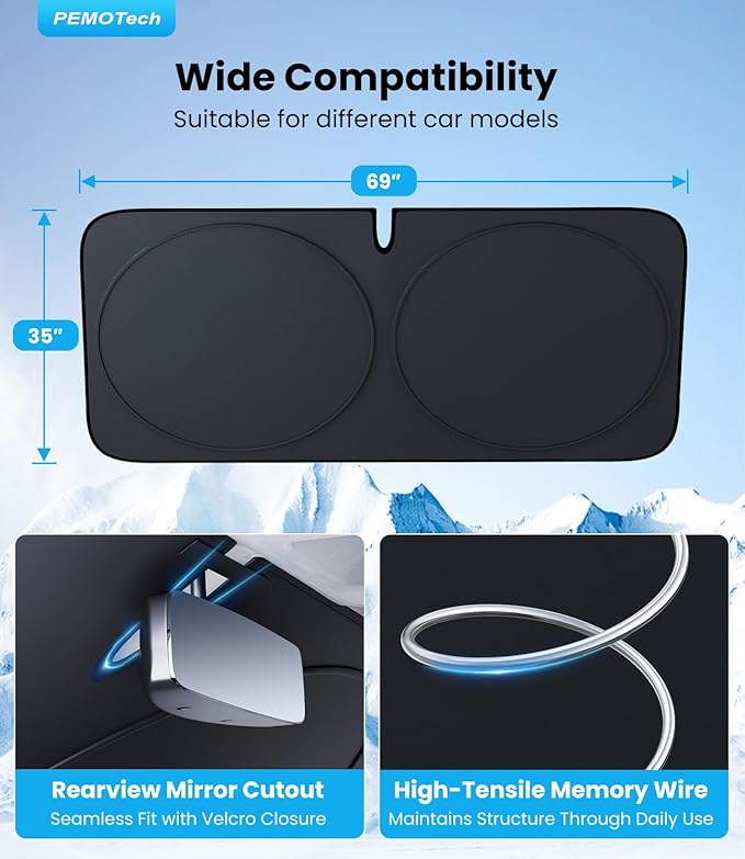 PEMOTech 2026 Upgraded Truck Windshield Sun Shade, Protector for F150/Raptor/Rv/Tikka, Thickened Overlapping Car Window Shades, Rays Blocker & Sun Dash Cover, Jeep Wrangler Accessories (69x35 inches)