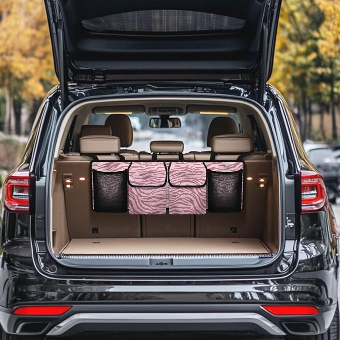Pink Zebra Stripes Trunk Organizer Car Women Hanging Collapsible Cargo Bag with 4 Storage Bags,Car Accessories