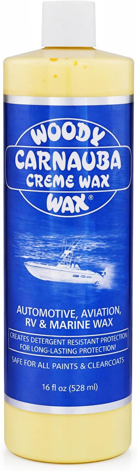 Woody Wax Carnauba Creme Wax, Professional High-Gloss Marine, RV & Aviation Wax, UV Protection for Paint & Clear Coat, Detergent Resistant Polymers, Covers Light Scratches and Removes Oxidation, 16 oz