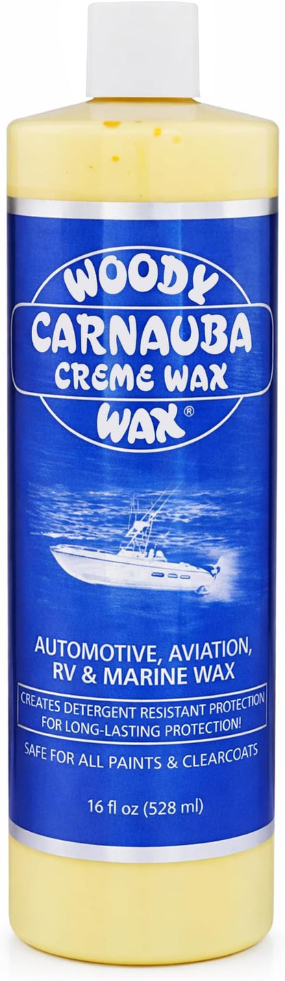 Woody Wax Carnauba Creme Wax, Professional High-Gloss Marine, RV & Aviation Wax, UV Protection for Paint & Clear Coat, Detergent Resistant Polymers, Covers Light Scratches and Removes Oxidation, 16 oz