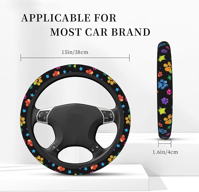 Paw Print Steering Wheel Cover for Women, Universal Auto Steering Wheel 14-15 Inch Car Interior Accessories with 2PCS Car Coasters, Suitable for Men and Women