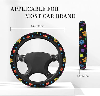Paw Print Steering Wheel Cover for Women, Universal Auto Steering Wheel 14-15 Inch Car Interior Accessories with 2PCS Car Coasters, Suitable for Men and Women