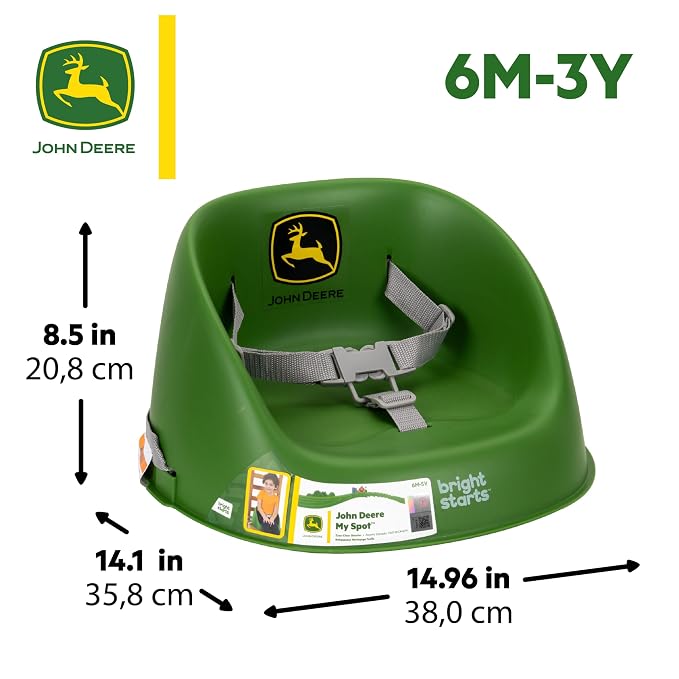 Bright Starts John Deere My Spot Easy-Clean Booster Seat, Portable Dining Chair Booster with 3-Point Harness, Green, 6 Months - Toddler