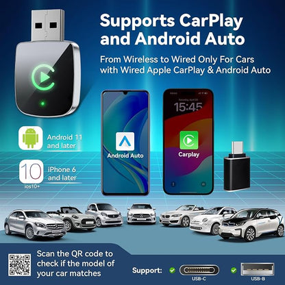 Mini Wireless CarPlay Adapter for iPhone,2 in 1 for Apple Carplay and Android Auto Adapter,Convert Wired to Wireless, Plug & Play, USB to USB-C/Type-C, Stable Control & No Delay, Black
