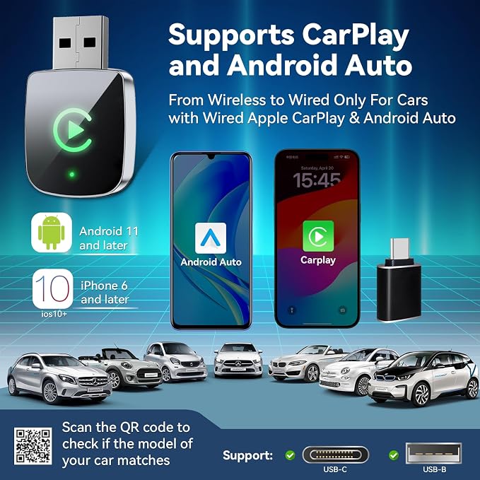 2026 Upgrade Wireless CarPlay Adapter for iPhone,2 in 1 for Apple Carplay and Android Auto Adapter,Convert Wired to Wireless, Plug & Play Mini CarPlay USB to USB-C/Type-C, Stable Control & No Delay