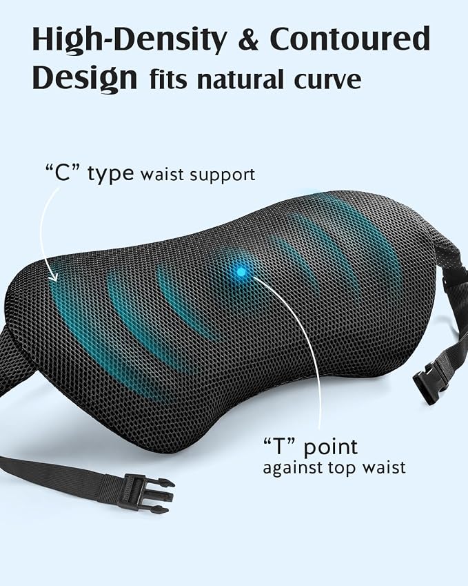 YFONG Lumbar Support Pillow for Car Seat, Back Support with Adjustable Straps Securely Fixed for Driving Seat Pain Relief, Office Chair Car Essentials Back Cushion, Black