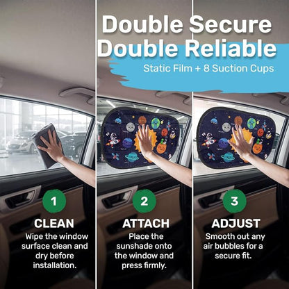 GENANY 2pcs Space Planet Window Sun Shade for Sedan SUV Truck (21x14 Inches), Galaxy Sun Shades for Side Window, Astronaut Baby Window Shades, Summer Car Decor