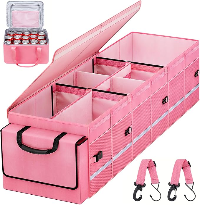 GDNasist Car Trunk Organizer and Storage with Lid & Removable Cooler Bag, Car Accessories 6 Removable Dividers for Custom Space, Collapsible Large Trunk Organizers Interior for SUV & Sedan, Pink