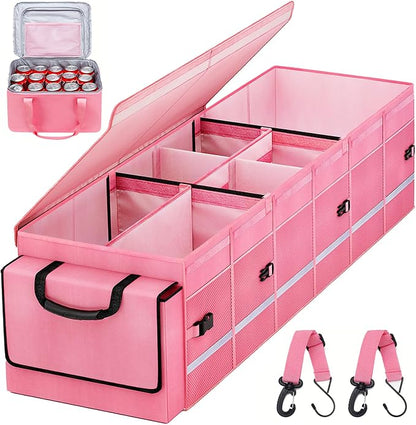 GDNasist Car Trunk Organizer and Storage with Lid & Removable Cooler Bag, Car Accessories 6 Removable Dividers for Custom Space, Collapsible Large Trunk Organizers Interior for SUV & Sedan, Pink