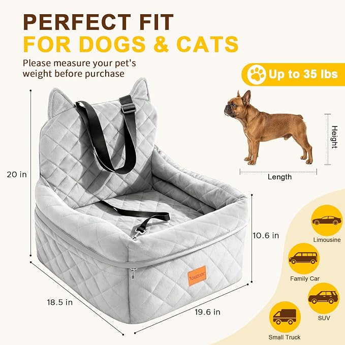 Dog Booster Car Seats for S/M Dogs Up to 35lbs,Pet Car Seat/Travel Bed with Washable&Removable Cover,Storage Pockets,Dog Safety Belt and Elevated Cushion Fits in Front/Back Seat