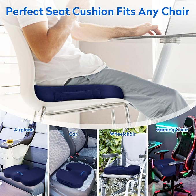CushZone Seat Cushion, Office Chair Cushions, Car Seat Cushion, Non-Slip Sciatica & Back Coccyx Pain Relief Chair Pad, Memory Foam Pillow for Computer Desk, Wheelchair, Driving Large Size (Blue)