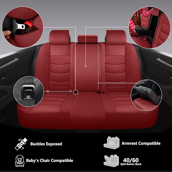 NS YOLO Leather Car Seat Covers Full Set,Universal Fit for Most Cars,SUVs and Sedans,Waterproof Luxury Leatherette Cushions, 5 Seats Protectors (Wine Red, Full Set-5 Seats(Front and Rear))