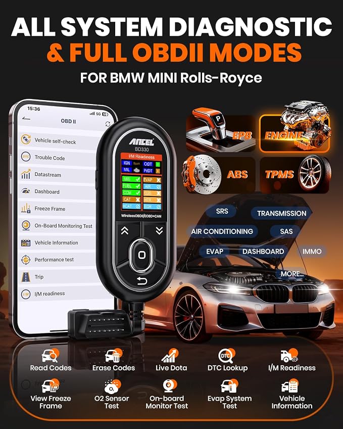 ANCEL BD330 BMW OBD2 Scanner for BMW, MINI, and Rolls-Royce Vehicles, ABS Full-System Diagnostic Scan Tool, Battery Registration/BAT Check, EPB/Oil/Throttle Reset, 3-in-1 Bluetooth/Wired/HUD- Black