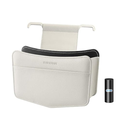 Car Trash Can Small Leather Vehicle Trash Bin Car Dustbin Garbage Organizer Holder with Trash Bag Foldable Mini Cars Storage Bag Container for Auto SUV Van Trucks (White,Hanging Hook)