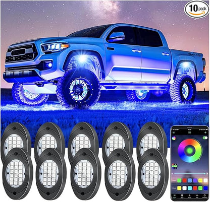 10 Pods RGB LED Rock Lights, Underglow Multicolor Neon Light Kit Wheel Well Light with APP Control & Music Mode, Under Glow Lights for Trucks,Jeep,SUV,Golf Cart,ATV,Pickup Off Road,12 V