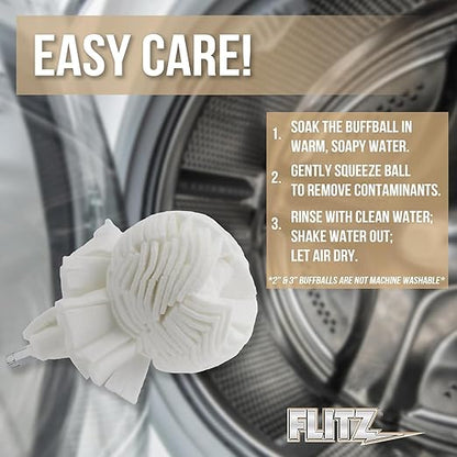 Flitz Buff Ball w/ 1.76oz Metal Polish Paste - 3in Drill Buffer Polisher Attachment for Any 3/8in Drill - Self-Cooling, Washable Polishing Ball to Buff, Shine, & Protect All Metals, Plastics (1 Pack)