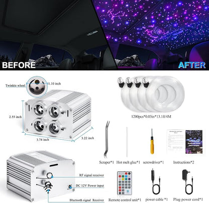 4 Colors 32W Twinkle Car Starlight Headliner Kit 1200pcs*0.03in*13.1ft with APP&RF Remote,RGBW Fiber Optic Strands Star Roof Lights,4 Port Engine Sound Activated Ceiling Star Lights for Home/Car Decor