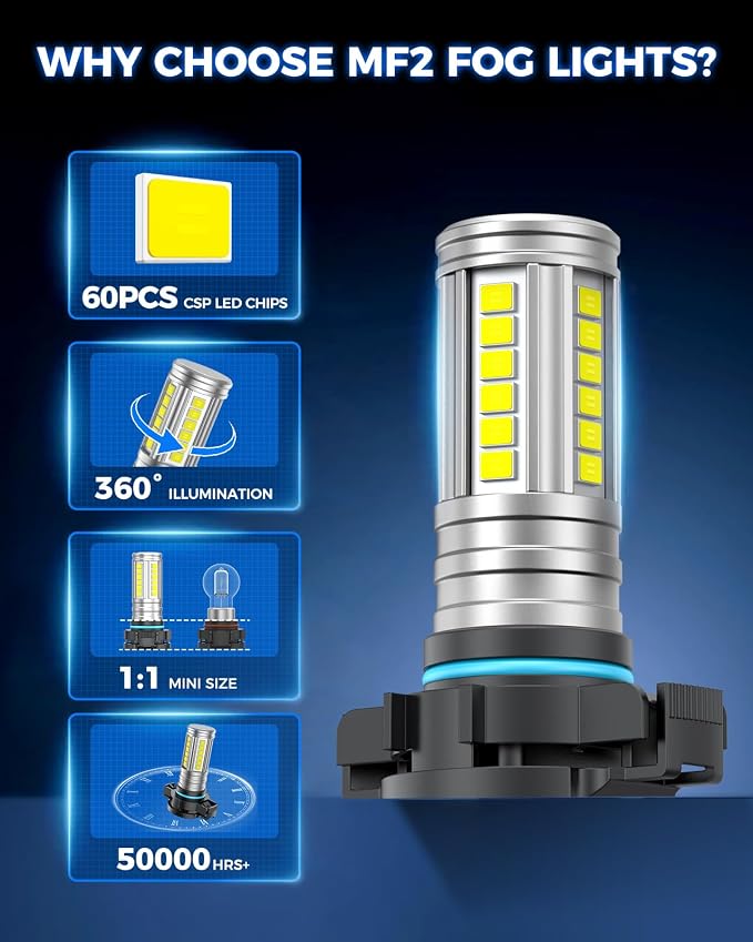 Marsauto 5201 5202 LED Fog Light Bulbs, 12,000LM PS24W LED Fog Light Bulbs, 360° Illumination 6500K Strong Penetration, 1:1 Mini Size Upgraded 60 Pcs Chips 5202 Fog Light Bulb, Accessory Light Kits