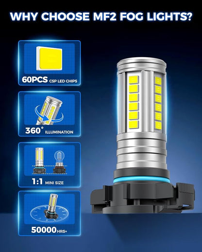 Marsauto 5201 5202 LED Fog Light Bulbs, 12,000LM PS24W LED Fog Light Bulbs, 360° Illumination 6500K Strong Penetration, 1:1 Mini Size Upgraded 60 Pcs Chips 5202 Fog Light Bulb, Accessory Light Kits