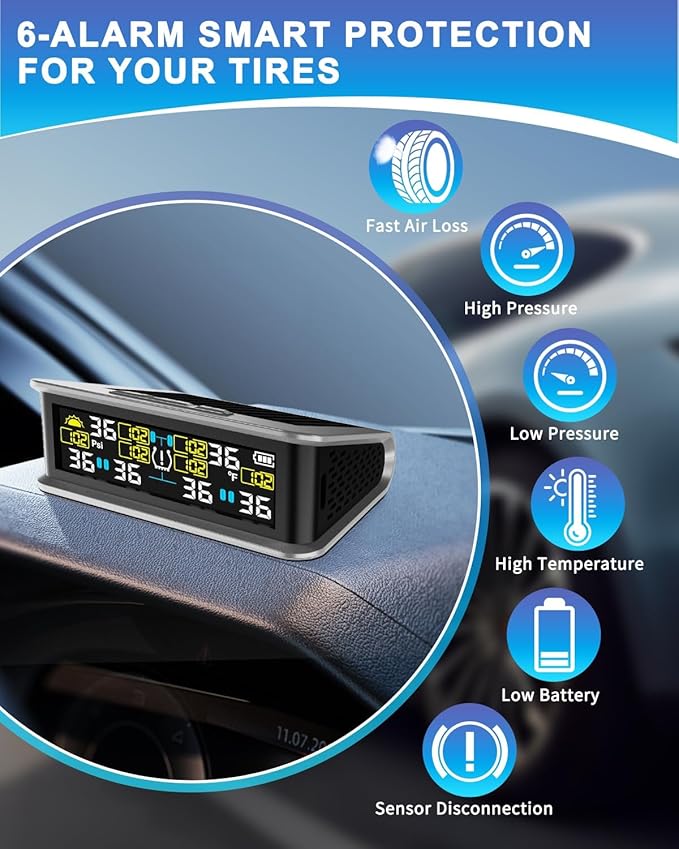 RV Tire Pressure Monitoring System, TPMS with 6 Sensors & 6 Alarm Modes, 0-144 PSI ±1.5PSI, Solar/USB Charging for Dually Trucks & Heavy-Duty Trailers