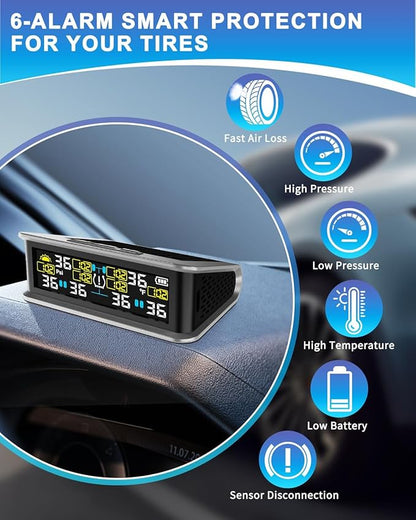 RV Tire Pressure Monitoring System, TPMS with 6 Sensors & 6 Alarm Modes, 0-144 PSI ±1.5PSI, Solar/USB Charging for Dually Trucks & Heavy-Duty Trailers