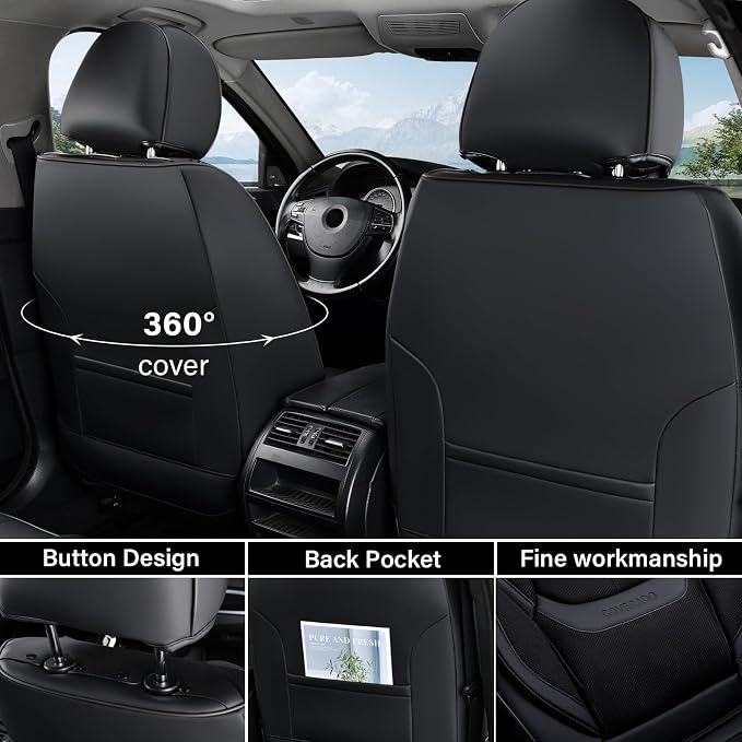 Coverado Front and Back Seat Covers 5 Pieces, Full Set Universal Seat Covers for Cars, Breathable Fabric&Leather Car Seat Protectors, Car Seat Cushions Compatible with Most Sedans SUV Pick-up Truck