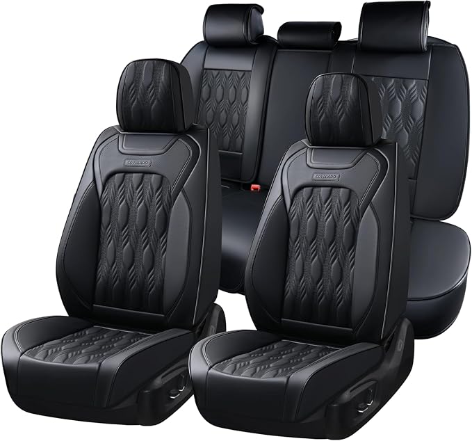 Coverado Car Seat Cover, Black Seat Cover for Cars, Luxury Leather Seat Covers Full Set with Embossed Pattern, Waterproof Car Seat Protector Car Seat Cushions Universal Fit Most Vehicle