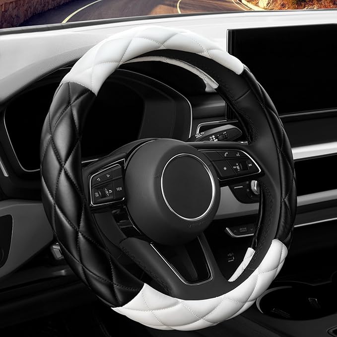 YHONGJT Cute Soft Microfiber Leather Anti-Slip Steering Wheel Cover, Universal 15 Inch for Women Girls, Fit Vehicles, Sedans, SUVs, Vans, Trucks - Black and White