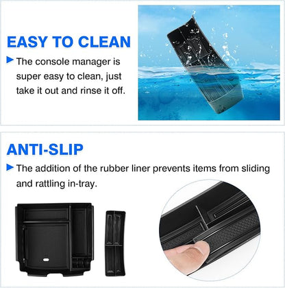 Autorder 2PCS Center Console Organizer for Kia Carnival 2022-2025 2026 Accessories Armrest Storage Box Secondary Insert Tray with Black Anti-Slip Mat（Front Tray + Armrest Organizer）