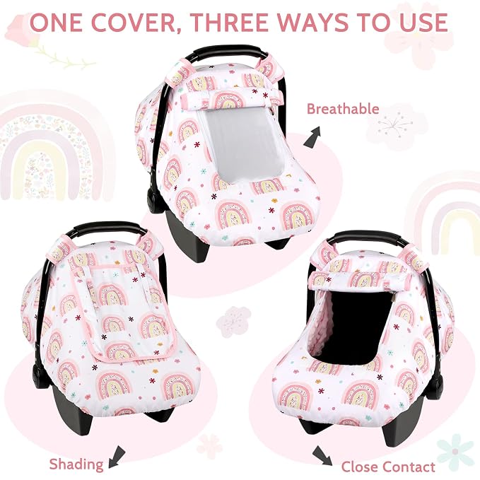 Pea Pod Car Seat Cover Baby, Infant Car Seat Canopy Covers with 2 Layers Windows of Breathable Mesh Fabric, Lightweight Polyester, Soft Minky Dot Backing (Rainbow & Floral Pattern)