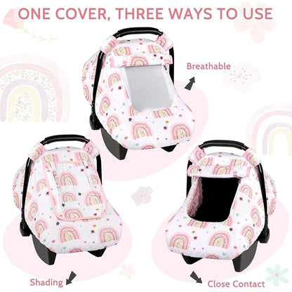 Pea Pod Car Seat Cover Baby, Infant Car Seat Canopy Covers with 2 Layers Windows of Breathable Mesh Fabric, Lightweight Polyester, Soft Minky Dot Backing (Rainbow & Floral Pattern)