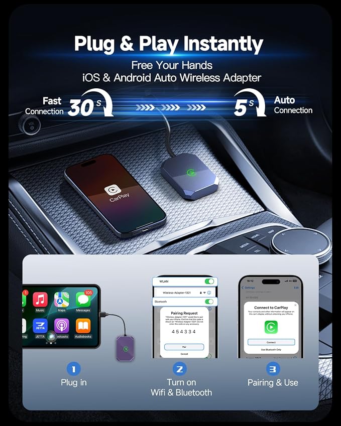 2 in 1 Wireless Carplay Adapter for iPhone Apple & Android Auto Wireless Adapter, [0 Delay & Stable Transmission] 5.8GHz Dual-Core Smart Chip Plug & Play Phone for iOS 10+/Android 11+ 2025 Blue