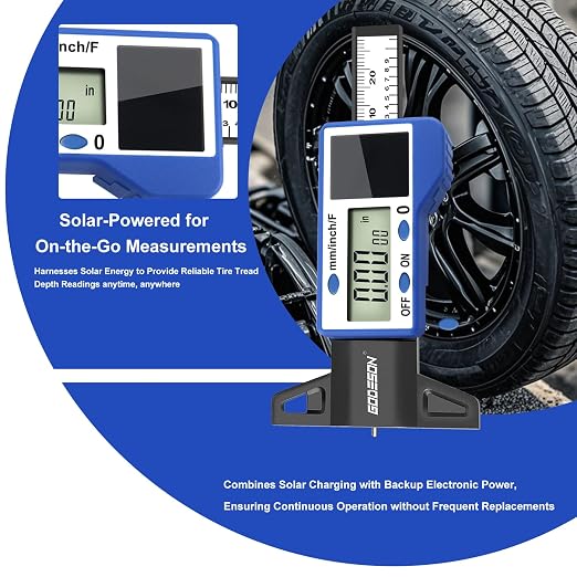 GODESON Digital Tire Tread Depth Gauge – 3 Modes-Fraction/Inch/MM Display, Solar & Battery Hybrid,1” (25.4mm/32NDS) Range, Blue Tire Wear Measure Tool for All Vehicles (Car, Truck, SUV)