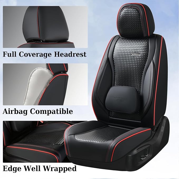 Coverado Car Seat Covers Full Set, Black Redline Seat Covers for Cars, Waterproof Nappa Leather Automotive Seat Covers with Lumbar Head Pillow, Car Seat Protectors, Universal Fit for Most Cars SUV