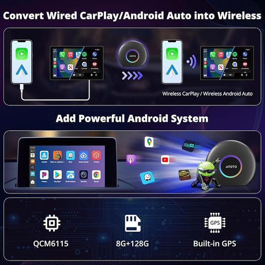 CB6 CarPlay AI Box & Android AI Box, Wireless CarPlay/AndroidAuto Adapter, Plug & Play CarWave Car Smart Box with AI DriveChat, GPS Track, Android 13, 2 BT, 4G LTE, 8G+128G, Black