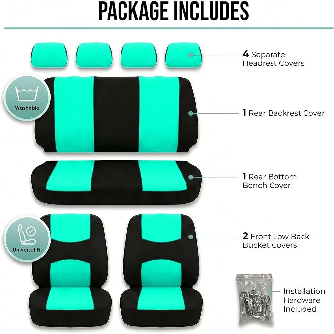 FH Group Bright Flat Cloth Full Set Automotive Seat Covers Front Set and Rear Solid Bench Mint Black Seat Covers w. Gift Universal Fit Interior Accessories for Cars Trucks and SUVs