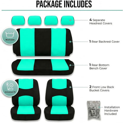 FH Group Bright Flat Cloth Full Set Automotive Seat Covers Front Set and Rear Solid Bench Mint Black Seat Covers w. Gift Universal Fit Interior Accessories for Cars Trucks and SUVs