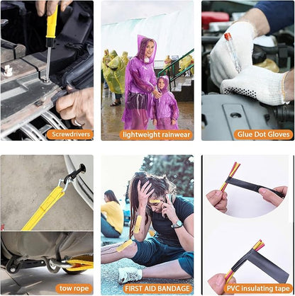 LIANXIN Roadside Emergency Kit Auto Safety Kit with Jumper Cables Headlamp | Gifts for New Drivers Storage Bag with Tow Rope, Gloves, Rainwear, Screwdriver,for Breakdowns, Travel and Winter Emergencies